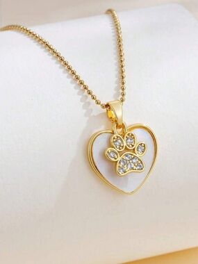 Gold Heart Paw Pendant Necklace with White Inlay, Paw Print Necklace